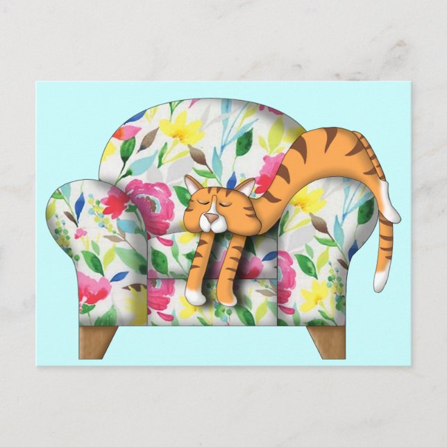 Postal Personalizado Kitty durmiendo en una silla floral (Anverso)
