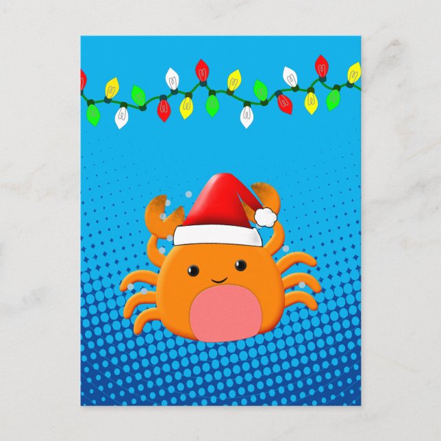 Postal Personalizado lindo Crab Santa Hat Navidades Luces (Anverso)
