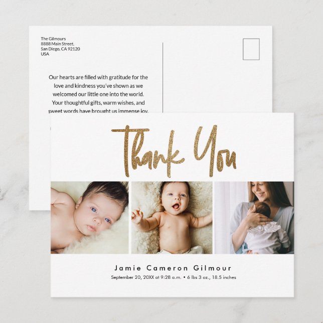 Postal Personalizado moderno con guión dorado 3 foto Baby (Anverso / Reverso)