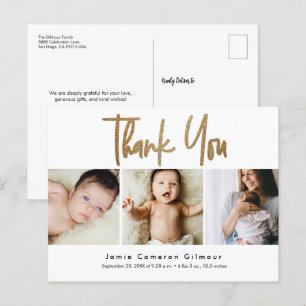 Postal Personalizado moderno con guión dorado 3 foto bebé