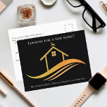 Postal Personalizado Real Estate Company Black Gold Marke<br><div class="desc">Esta postal de marketing de la empresa inmobiliaria de moda está hecha por personalizado con su compañía de propiedades inmobiliarias y nombre del agente. Este elegante anuncio de los reinos en negro y oro presenta una casa de bonito con un velo en la parte superior y elegantes curvas debajo. Personalice...</div>