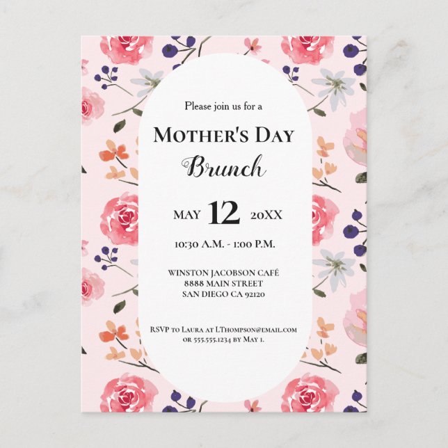 Postal Personalizado rosa floral del brunch del día de la (Anverso)
