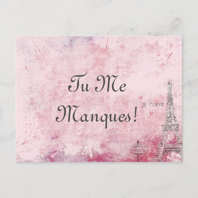 Postal Personalizado Texto Rosa Te echo de menos París Ei (Anverso)