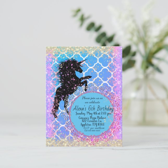 Postal Personalizado unicornio Purpurinoso Starry Whimsic (Anverso de pie)