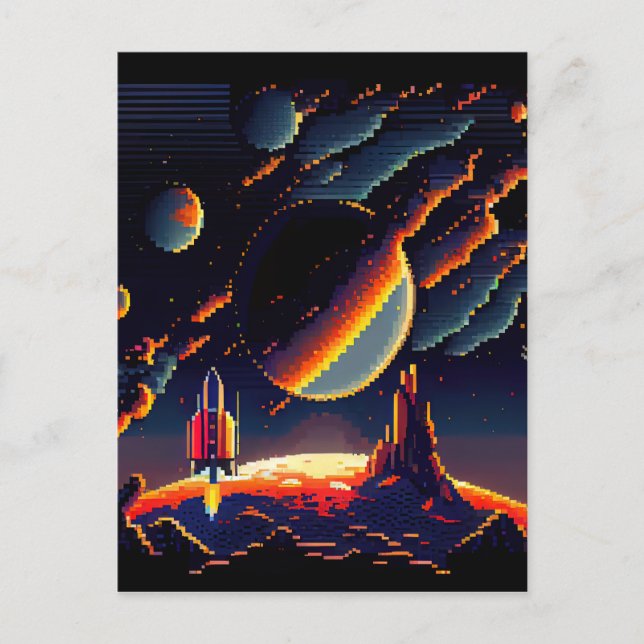 Postal Personalizar - cohete espacial retro de 8 bits par (Anverso)