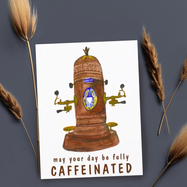 Postal Personalizar de café de la máquina de espresso de  (Cute funny postcard with vintage espresso machine watercolor. Customize with your own text. )