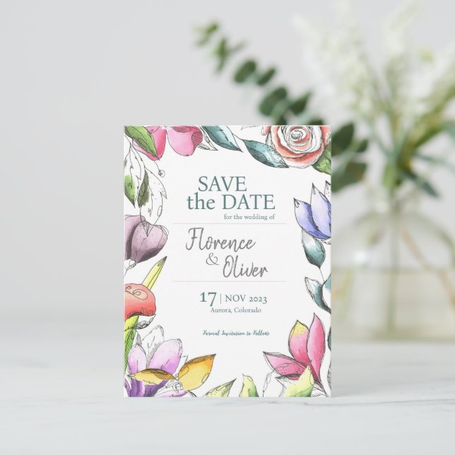 Postal Personalizar Floral Borrado Guardar la fecha (Anverso de pie)