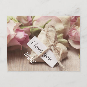 Postal Personalizar rosas rosadas con corazón
