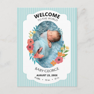 Postal personalized baby blue floral Birth announcements