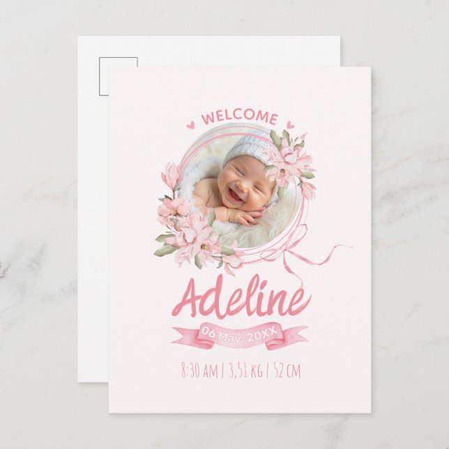 Postal personalized baby blue floral Birth announcements (Anverso / Reverso)