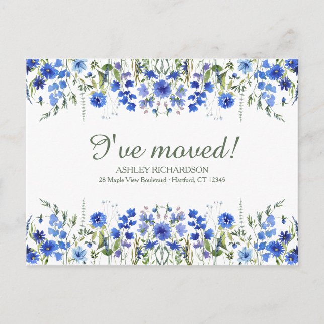 Postal Personalized Blue Wildflower I've Moved Postcard (Anverso)