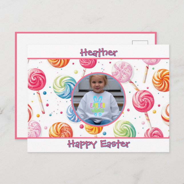 Postal Personalized Happy Easter Lollipop Candy Photo (Anverso / Reverso)