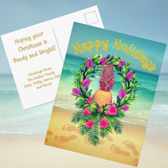 Postal Personalized Tropical Christmas Holiday Pineapple (Thrifty holiday postcards can be personalized with your own message!)