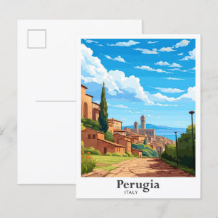 Postal Perugia Ilustracion de Viajes de Arte de Italia