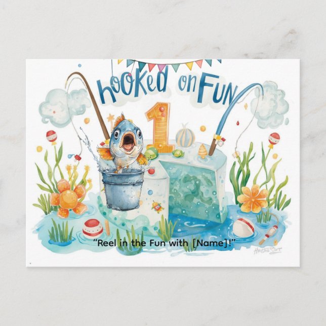 Postal Pesca Cumpleaños 1 para Fiesta de Pequeños Pescado (Anverso)