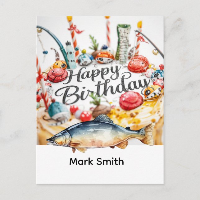 Postal Pesca de cumpleaños con tema enganchado a la diver (Anverso)