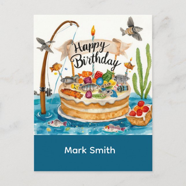 Postal Pesca de cumpleaños con tema enganchado a la diver (Anverso)