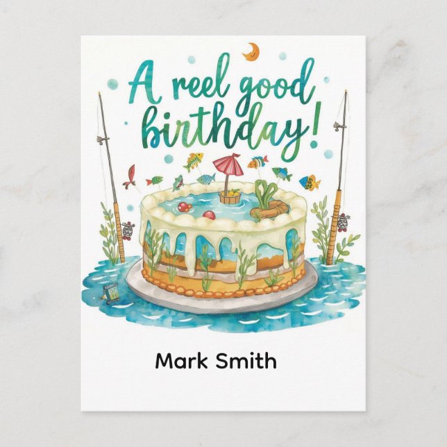 Postal Pesca de cumpleaños con tema enganchado a la diver (Anverso)