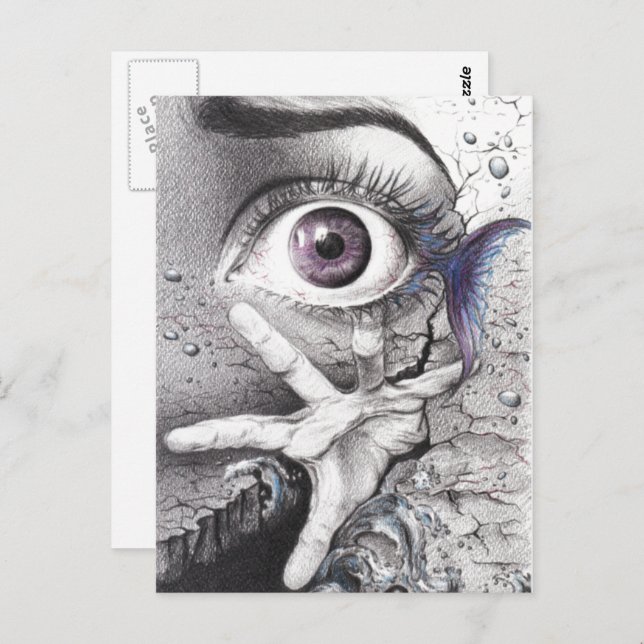 Postal Pesca ocular y mano Dream Surreal dibujo arte (Anverso / Reverso)