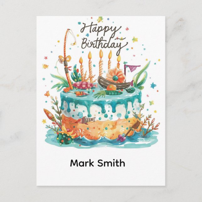 Postal Pesca temática de cumpleaños enganchada a la diver (Anverso)