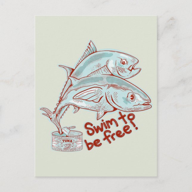 Postal Pescado de atún escapando a una lata (Anverso)