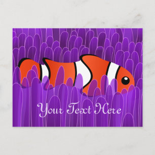 Postal Pescado de Payaso y hermosa anémona de mar púrpura