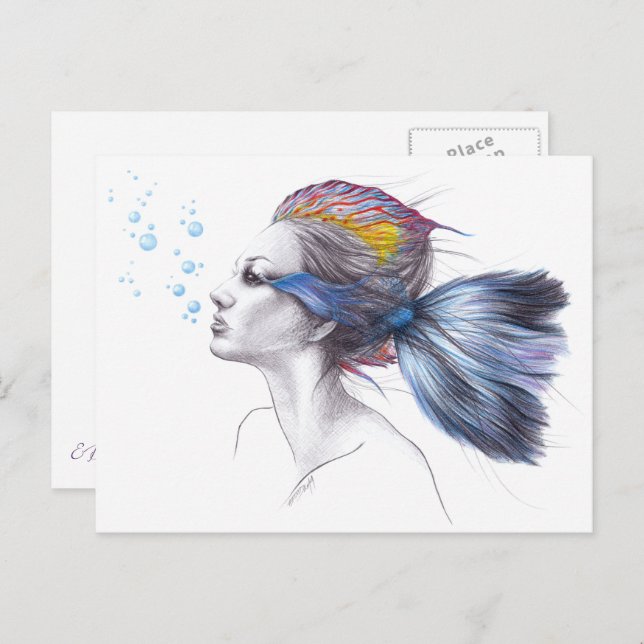Postal Pescado femenino Retrato de sirena Arte surrealist (Anverso / Reverso)