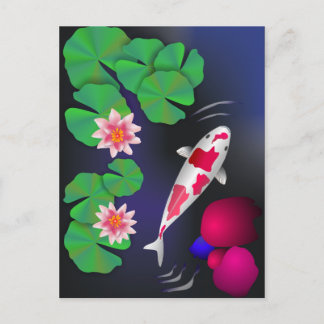 Postal Pescado japonés de Koi, flores de Lotus y nenúfare