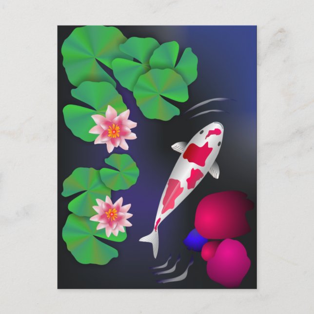Postal Pescado japonés de Koi, flores de Lotus y nenúfare (Anverso)