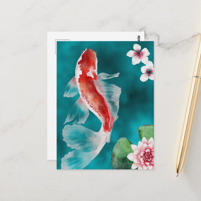 Postal Pescado japonés de Koi y cerezo en flor Japón (Anverso/Reverso In Situ)