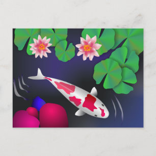 Postal Pescado japonés Koi, flores Lotus y nenúfares