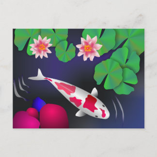 Postal Pescado japonés Koi, flores Lotus y nenúfares