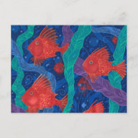 Pescado rojo, algas marinas, animales marinos, art