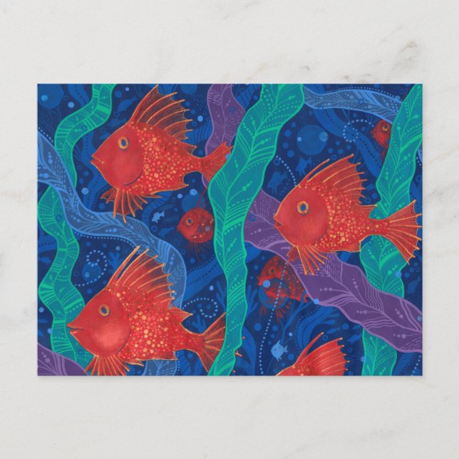 Postal Pescado rojo, algas marinas, animales marinos, art (Anverso)