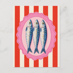 Postal Pescado Sardina retro Mediterráneo Costero Náutico