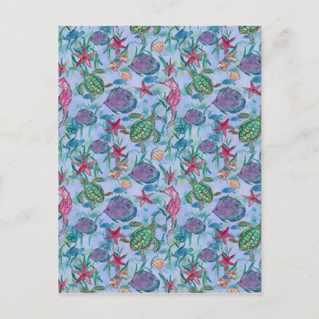 Postal Pescado tropical Caballo de mar Tortuga Arte oceán (Anverso)