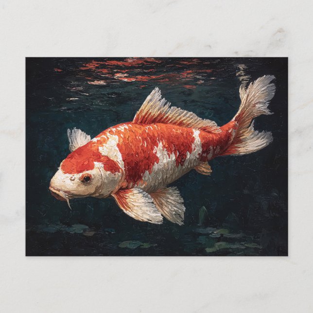 Postal Pescado vibrante de Koi blanco y rojo (Anverso)