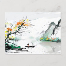 Postal Pescador chino en un lago de montaña