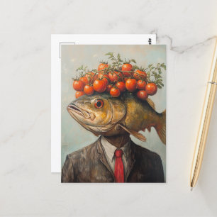 Postal Pescador con tomates en la cabeza