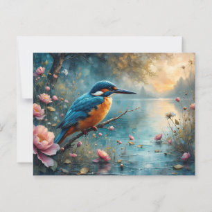 Postal Pescador de cangrejos encaramado sobre flores rosa