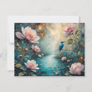 Postal Pescador de reyes sobre agua y rosas rosas rosas r