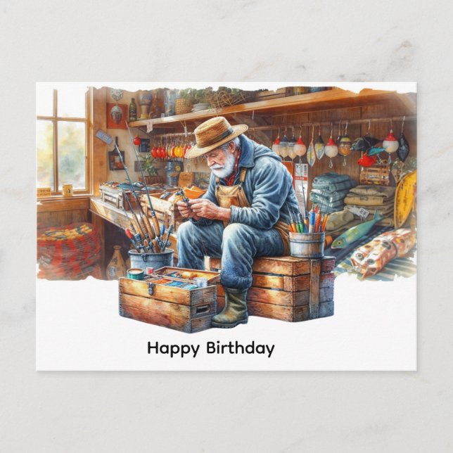 Postal Pescador en la tienda de pesca feliz cumpleaños  (Anverso)