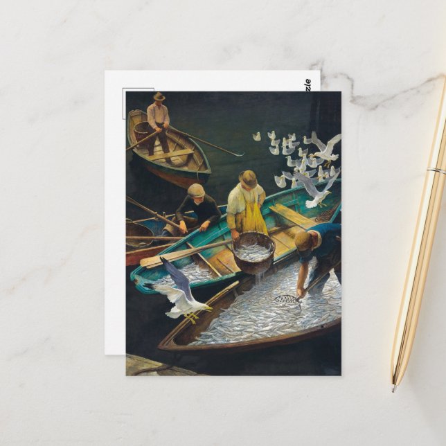 Postal Pescadores del puerto oscuro por Newell Convers Wy (Anverso/Reverso In Situ)