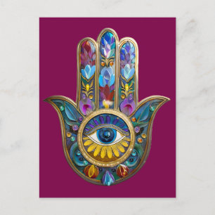 Postal Pétalos Coloridos Hojas Hamsa Zafiro Tercer Ojo