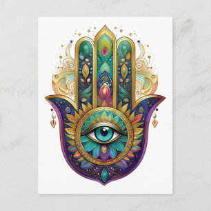 Postal Pétalos de Oro Violeta Verde Hamsa Turquesa Tercer