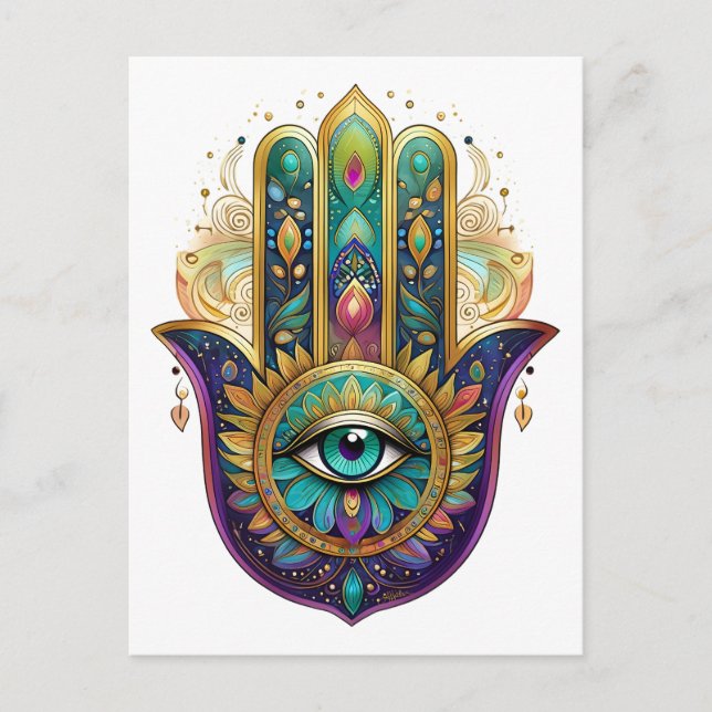 Postal Pétalos de Oro Violeta Verde Hamsa Turquesa Tercer (Anverso)