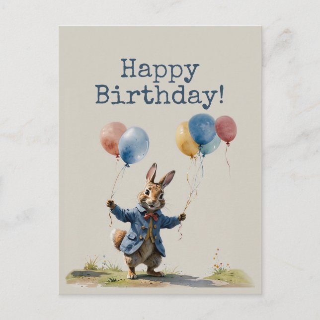 Postal Peter el conejo con globos Feliz cumpleaños (Anverso)