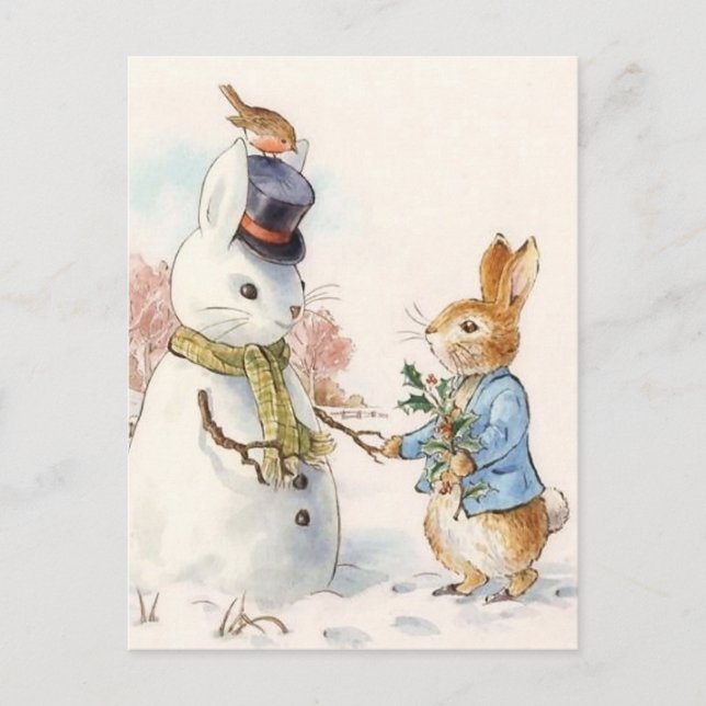 Postal Peter Rabbit y el muñeco de nieve de Beatrix Potte (Anverso)