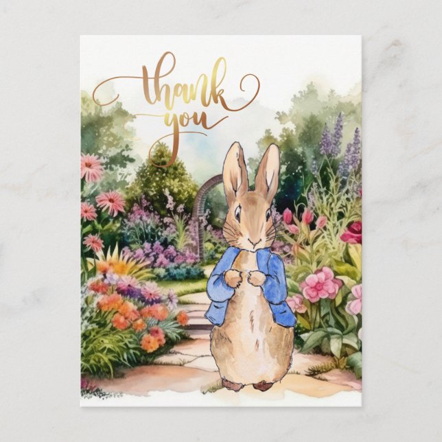 Postal Peter the Rabbit en su jardín Gracias (Anverso)