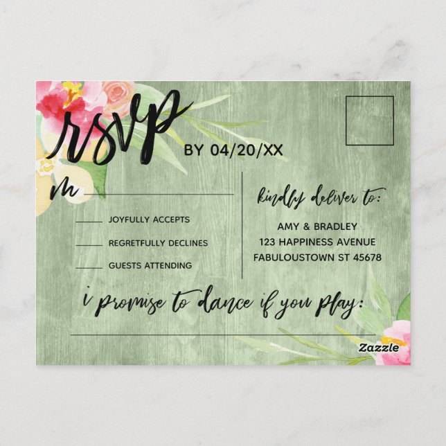 Postal Petición de canción de Boho Floral Green Rusood So (Reverso)